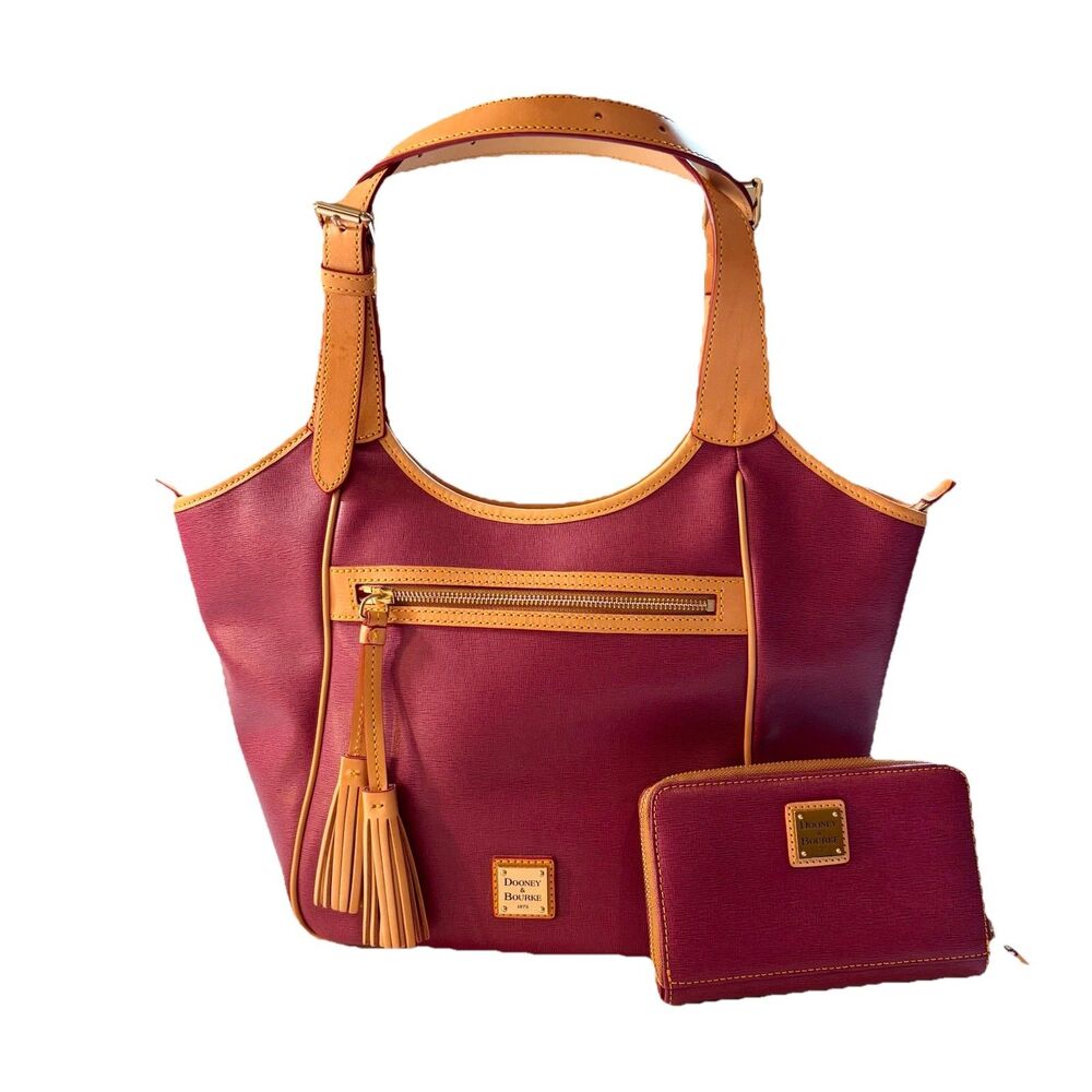 NEW Dooney & Bourke Shoulder Violet Saffiano Leather Satchel & Wallet Bag Tote